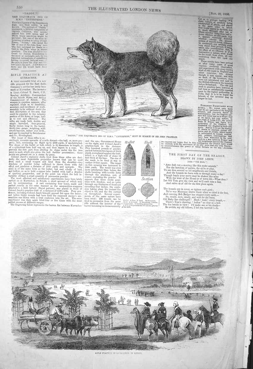 Original Old Antique Print 1856 Daddy Esquimaux Dog Ship Enterprise Kurrachee