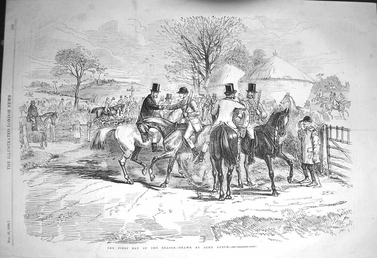 Original Old Antique Print 1856 First Day Hunting Season Huntsmen Horses Sport
