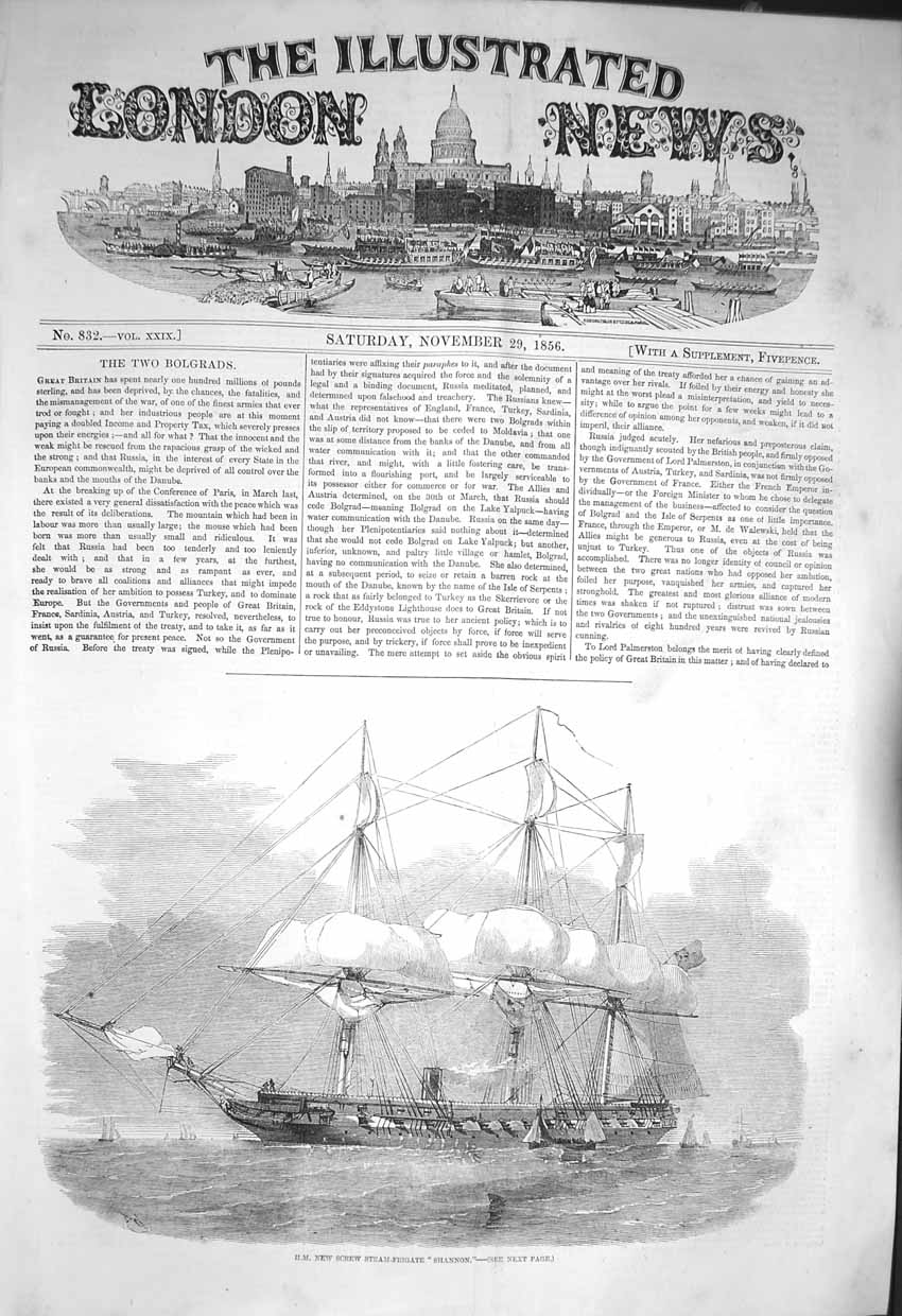 Original Old Antique Print 1856 H.M. Screw Steam-Frigate Ship Shannon Victorian