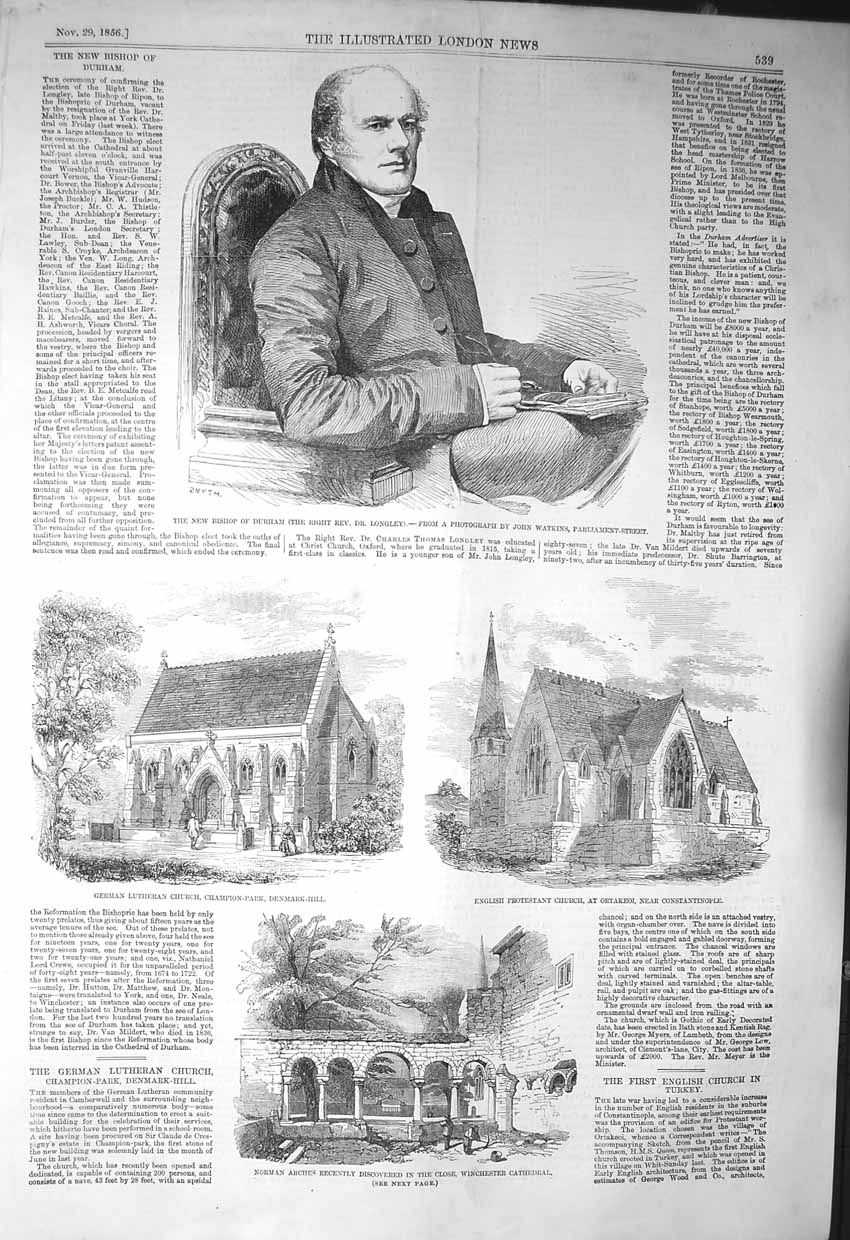 Old Antique Print 1856 Bishop Durham German Church Ortakeoi Norman Arches 19th