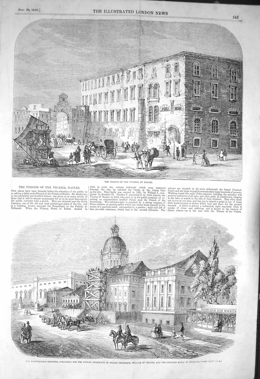 Old Antique Print 1856 Prisons Vicaria Naples Kronprinzen Residenz Prince 19th