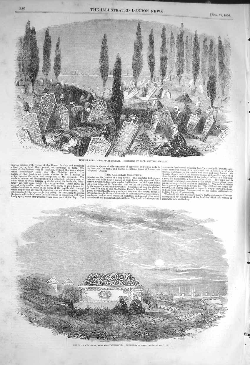 Antique Old Print *3228 1856 Turkish Burial Ground Scutari Armenian Cemetery
