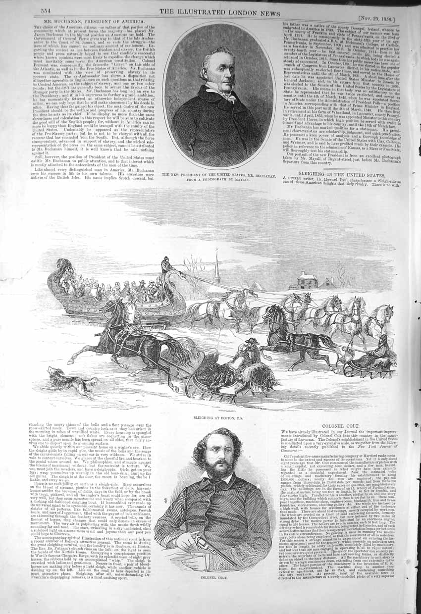 Antique Old Print *3227 1856 Colonel Colt Sleighing Boston Buchanan President