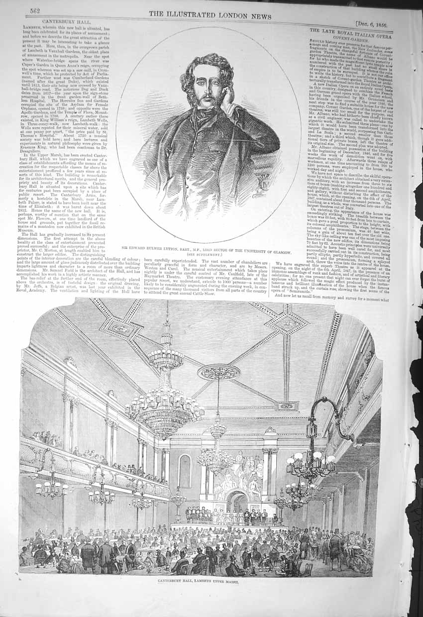 Old Antique Print 1856 Edward Bulwer Lytton Bart Canterbury Hall Lambeth 19th