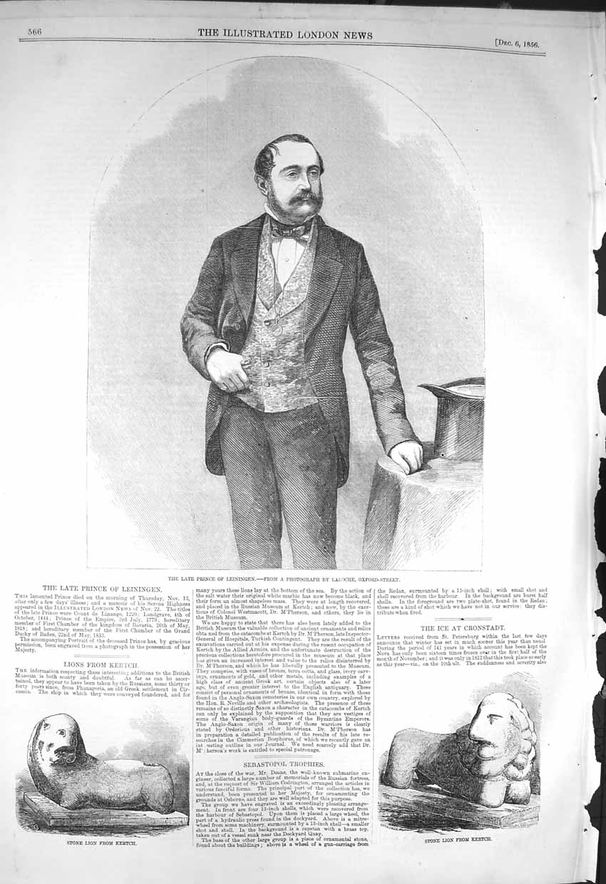 Old Antique Print *3226 1856 Portrait Prince Leiningen Stone Lion Kertch