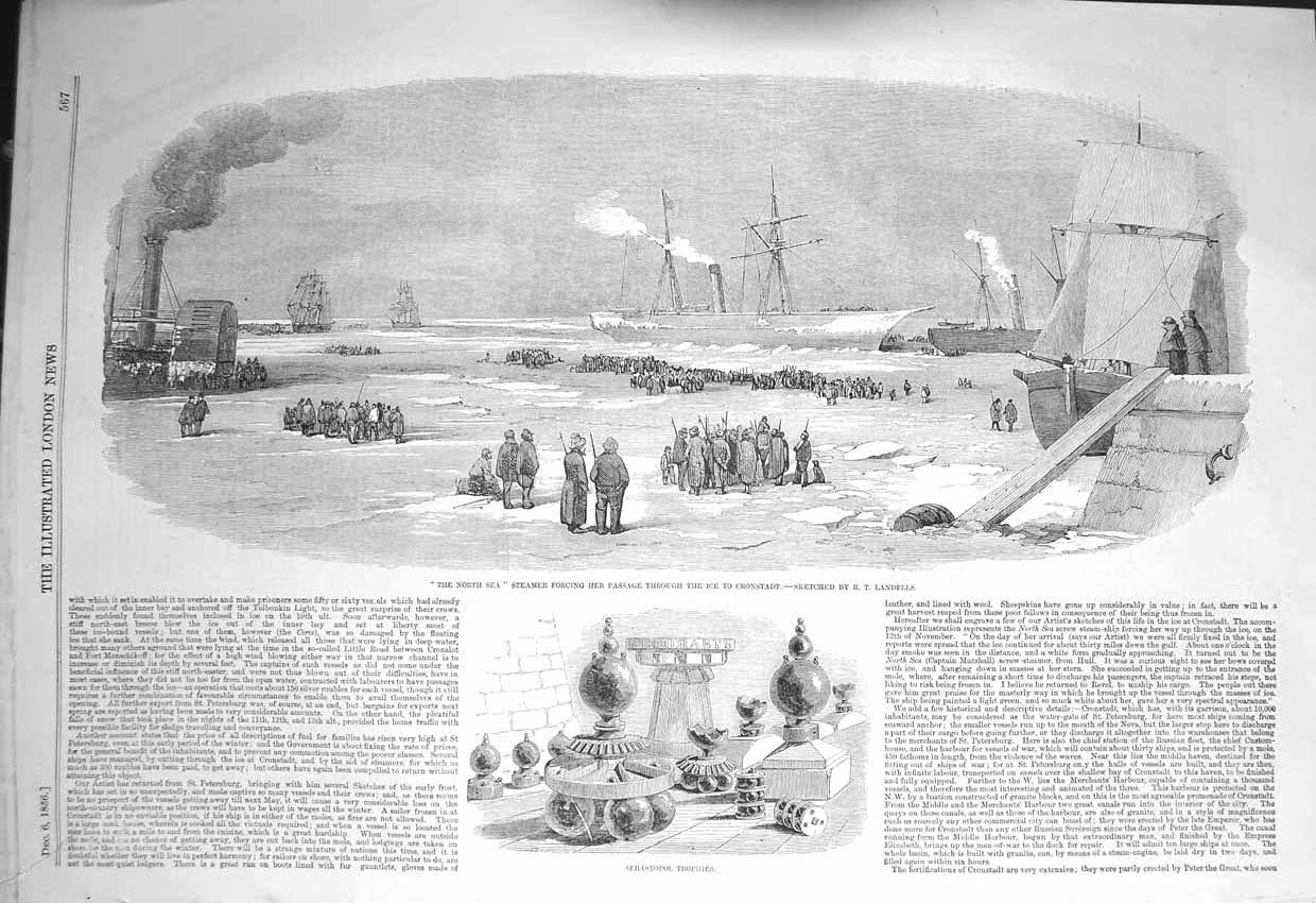 Old Antique Print 1856 North Sea Ship Ice Cronstadt Sebastopol Trophies 19th