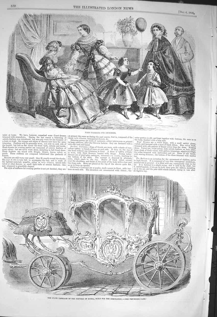 Original Old Antique Print 1856 Paris Fashion State Carriage Empress Russia