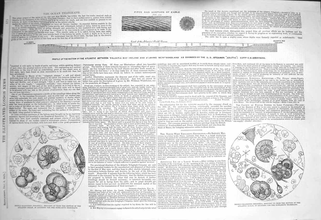 Old Antique Print 1856 Infusoria Ocean Telegraph Atlantic Ireland Arctic 19th