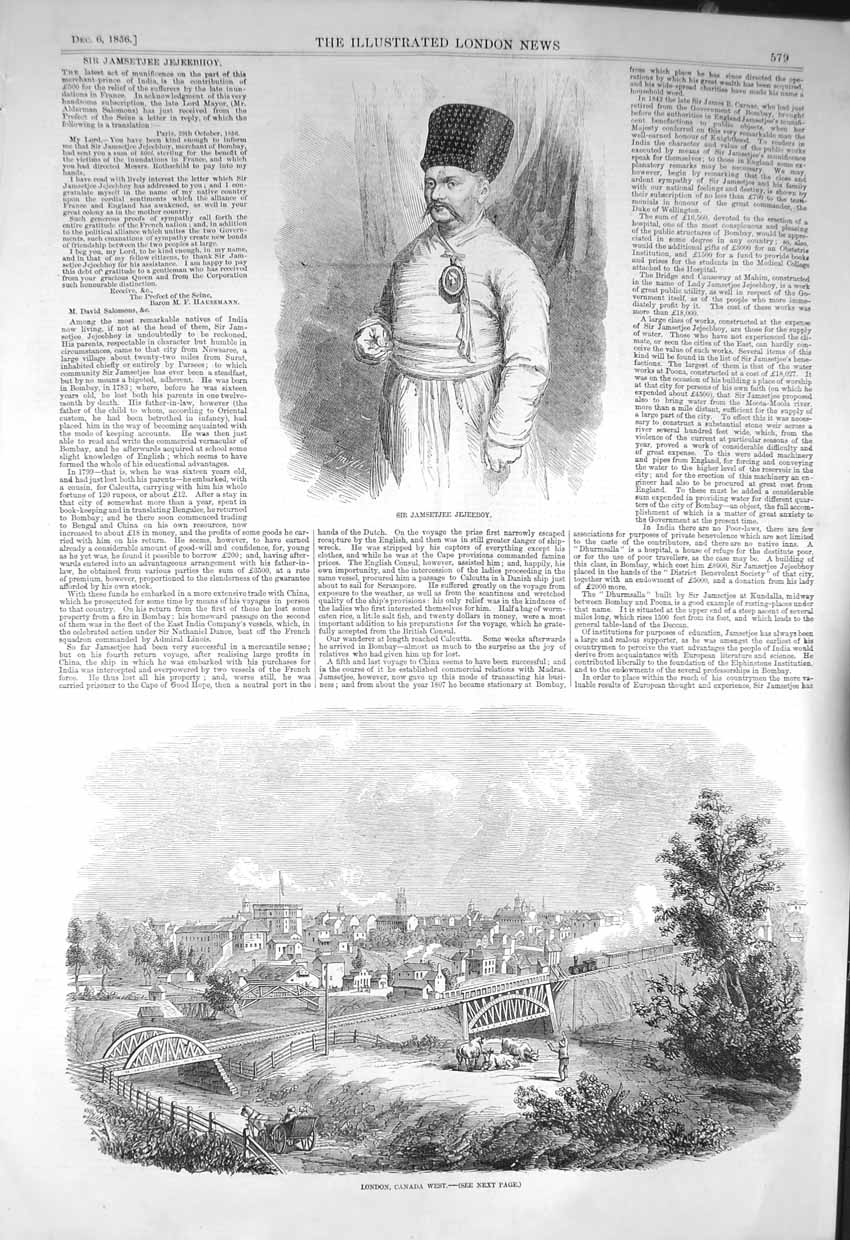 Original Old Antique Print 1856 Jamsetjee Jejeeboy London Canada Railway Train
