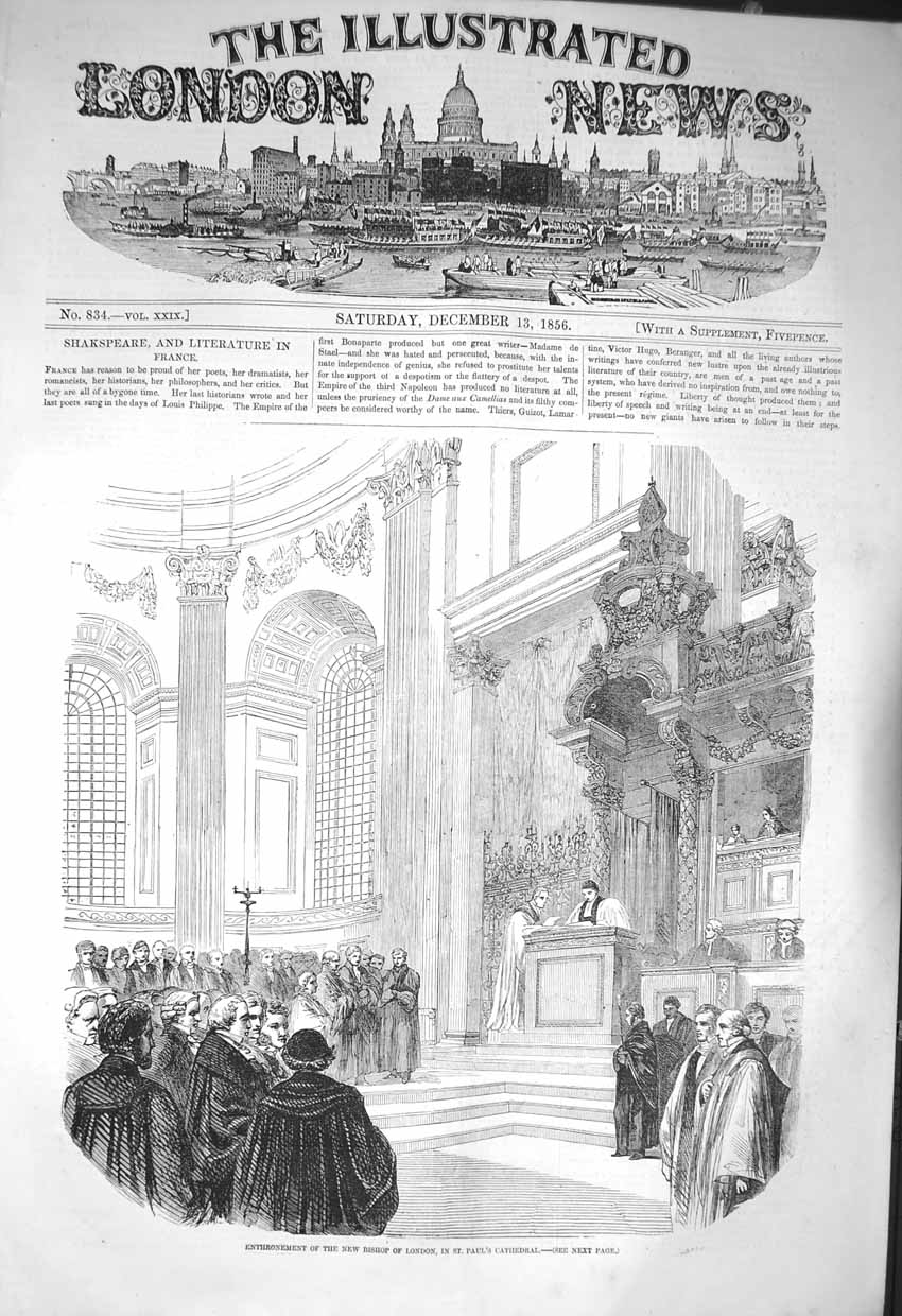 Original Old Antique Print 1856 Enthronment New Bishop London Paul'S Cathedral