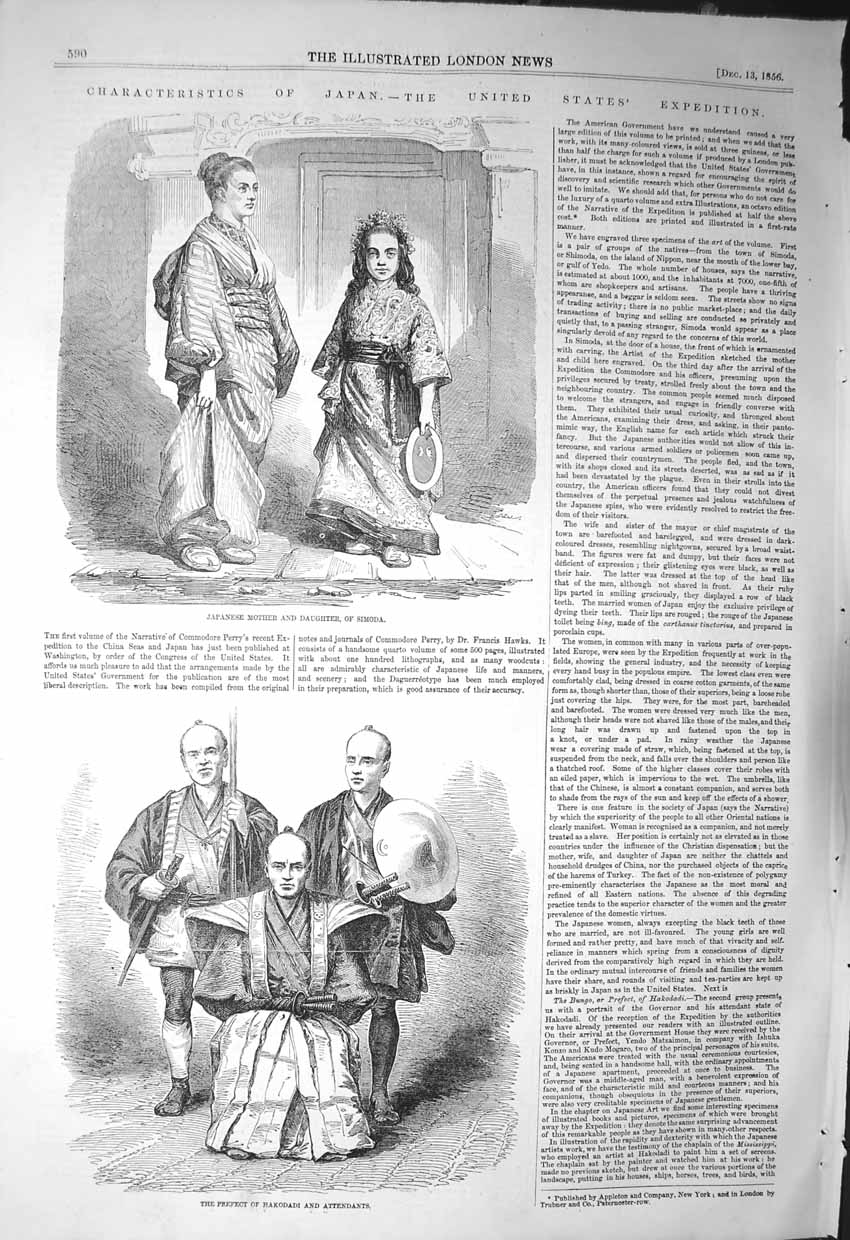 Antique Old Print *3225 1856 Japanese Mother Daughter Simoda Hakodadi Japan