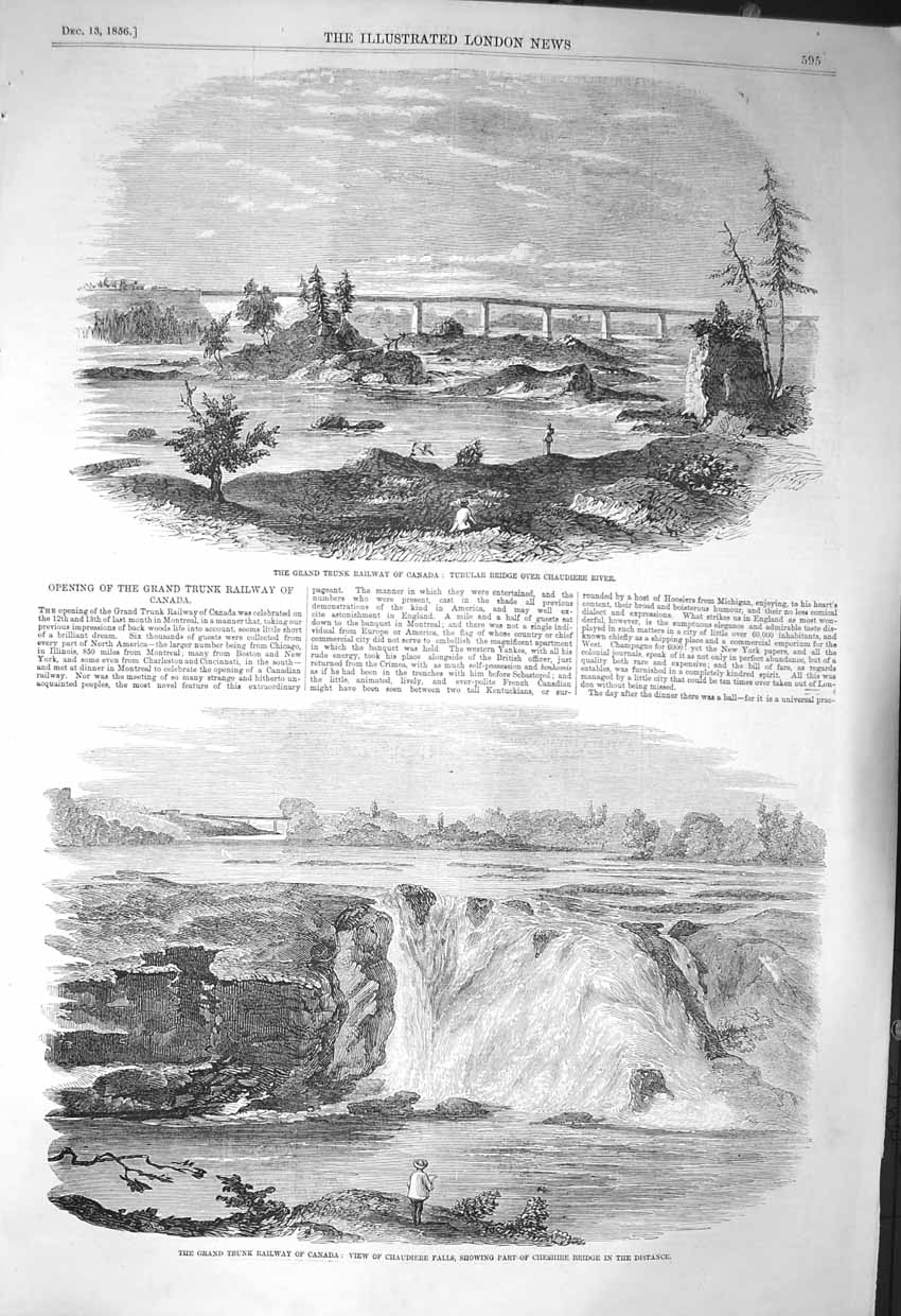 Original Old Antique Print 1856 Trunk Railway Canada Chaudiere River Cheshire