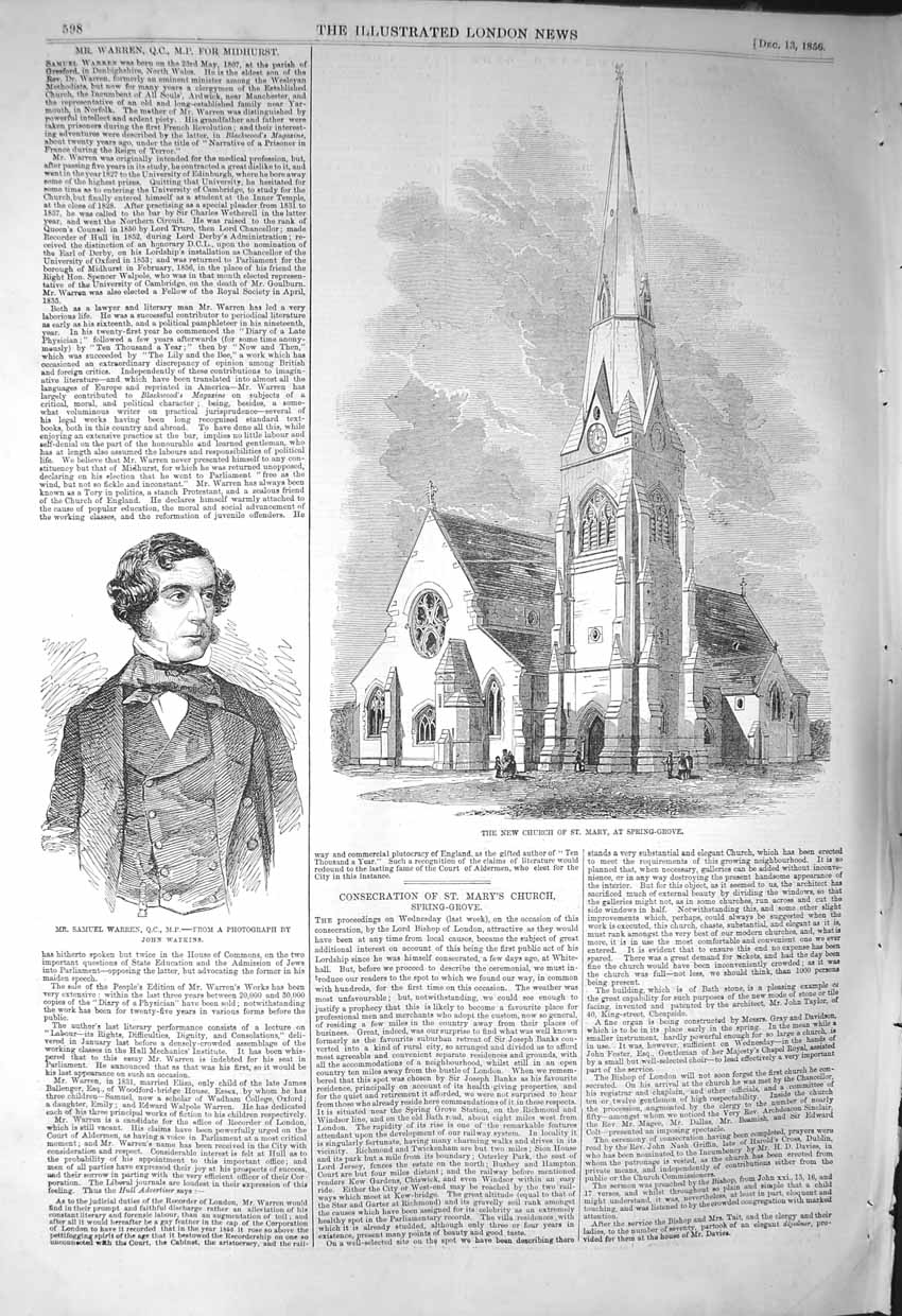 Original Old Antique Print 1856 Church St. Mary Spring-Grove Samuel Warren M.P.