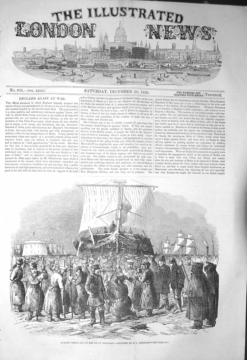 Original Old Antique Print 1856 Scene Cutting Ships Ice Cronstadt Siers 19th
