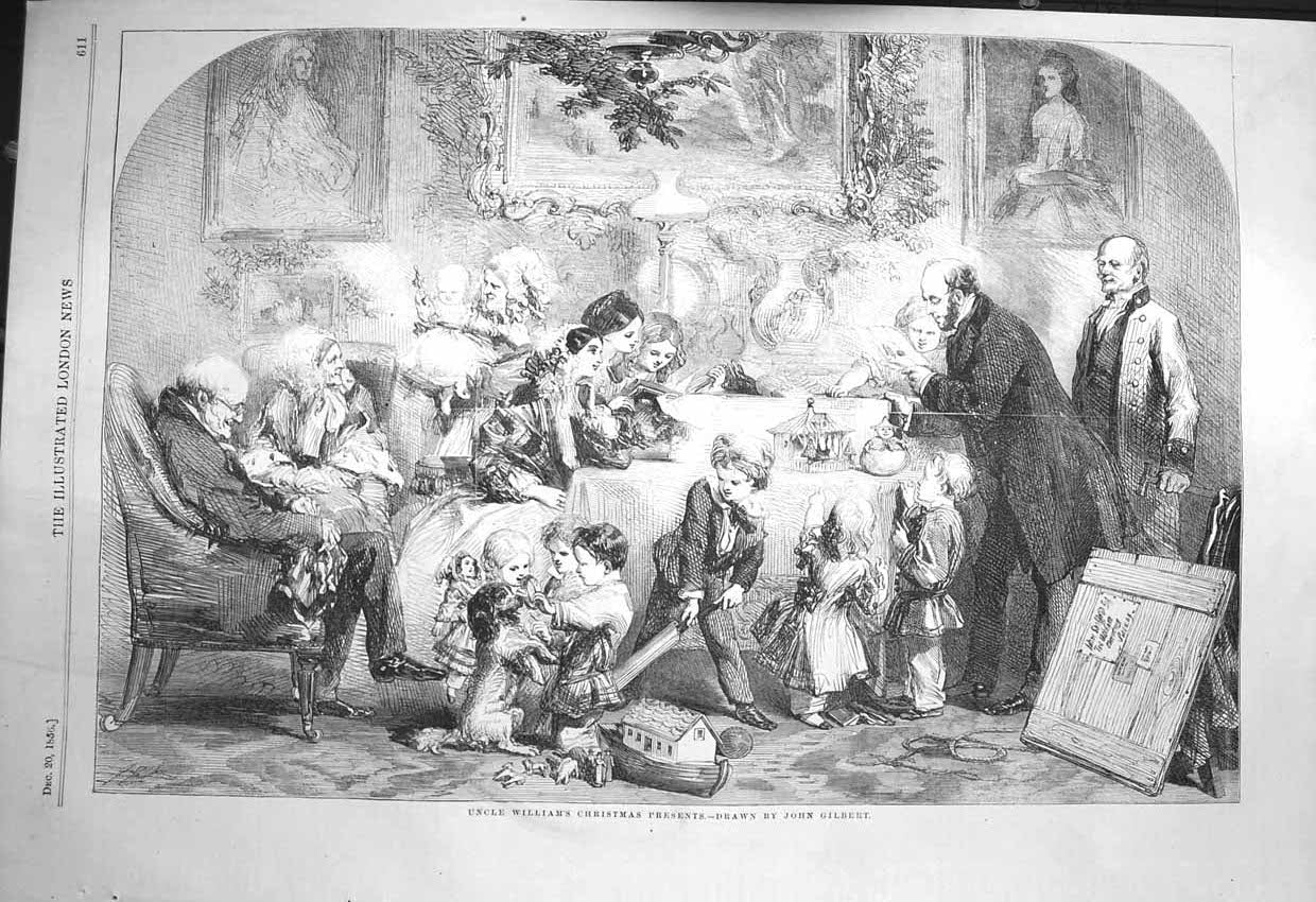 Original Old Antique Print 1856 Family Scene Uncle William Christmas Presents