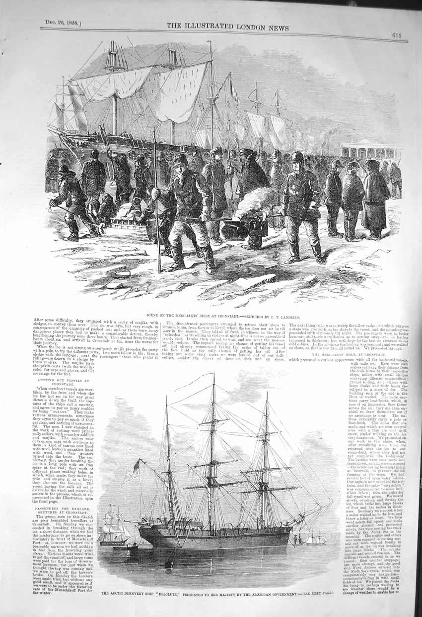 Original Old Antique Print 1856 Merchants Mole Cronstadt Arctic Ship Resolute