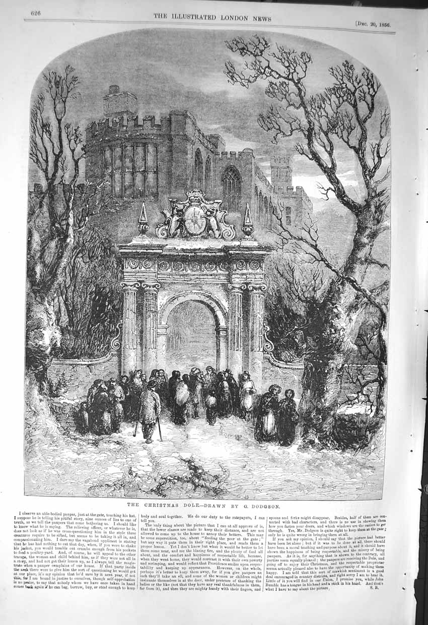 Original Old Antique Print 1856 Fine Art Christmas Dole Architecture Victorian