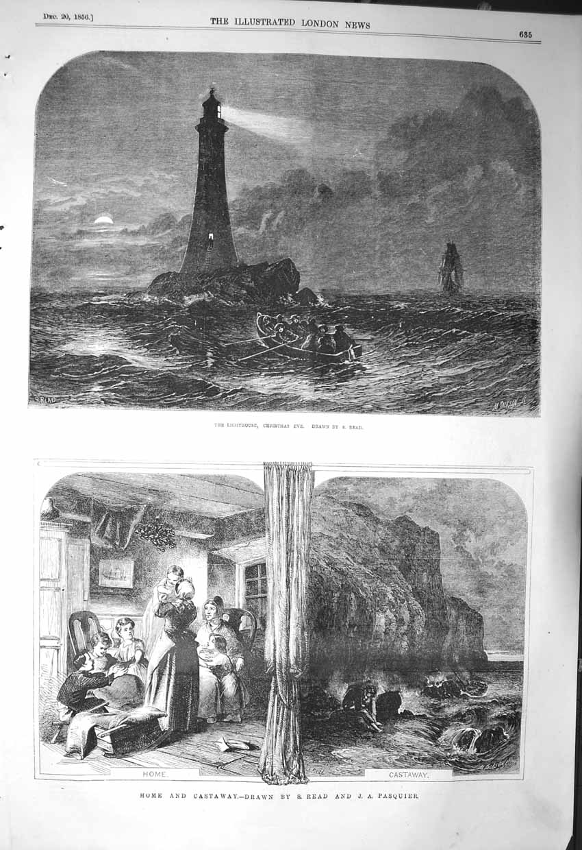 Original Old Antique Print 1856 Fine Art Lighthouse Home Family Scene Castaway