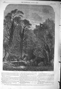 Original Old Antique Print 1856 Read Fine Art Ruins Castle Trees River Bridge