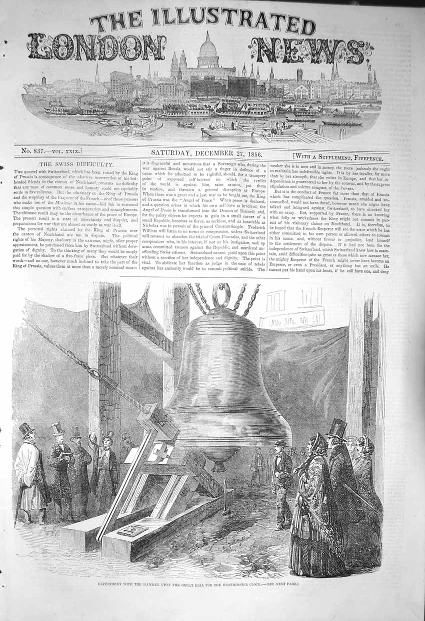 Original Old Antique Print 1856 Experiment Hammer Great Bell Westminster Clock