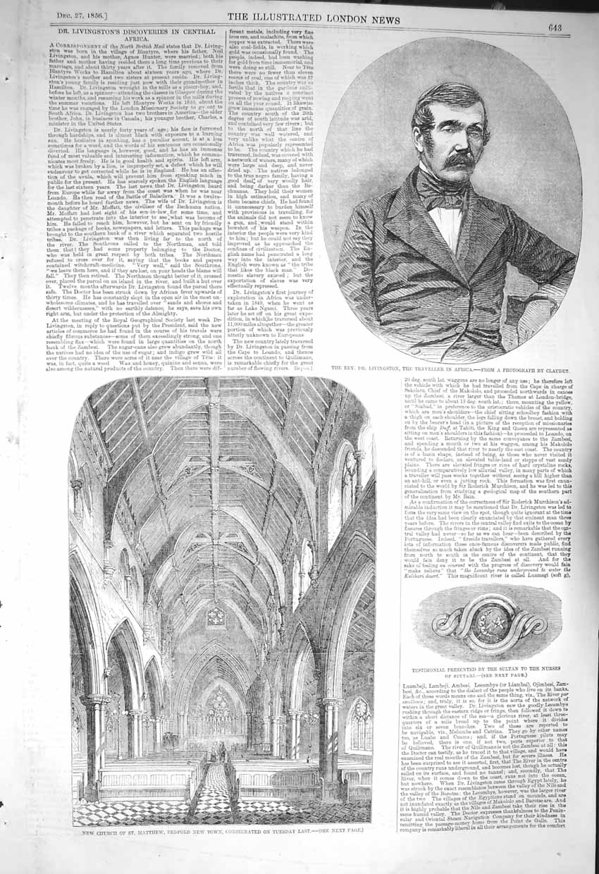 Original Old Antique Print 1856 Dr. Livingtstone Africa Church Matthew Scutari