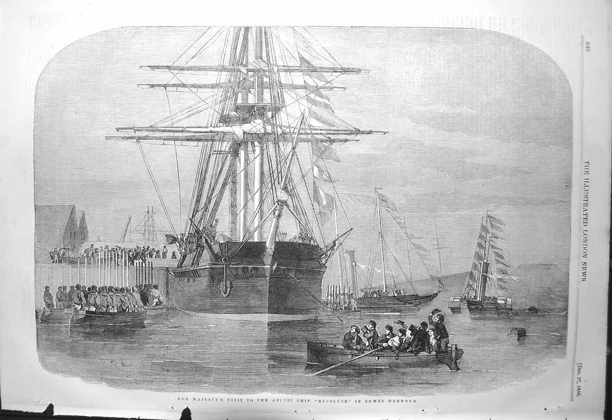 Original Old Antique Print 1856 Majesty Queen Arctic Ship Resolute Cowes 19th