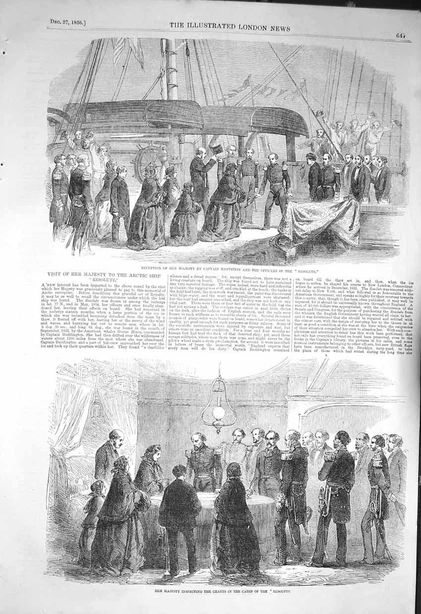 Original Old Antique Print 1856 Queen Captain Hartstein Resolute Arctic Ship