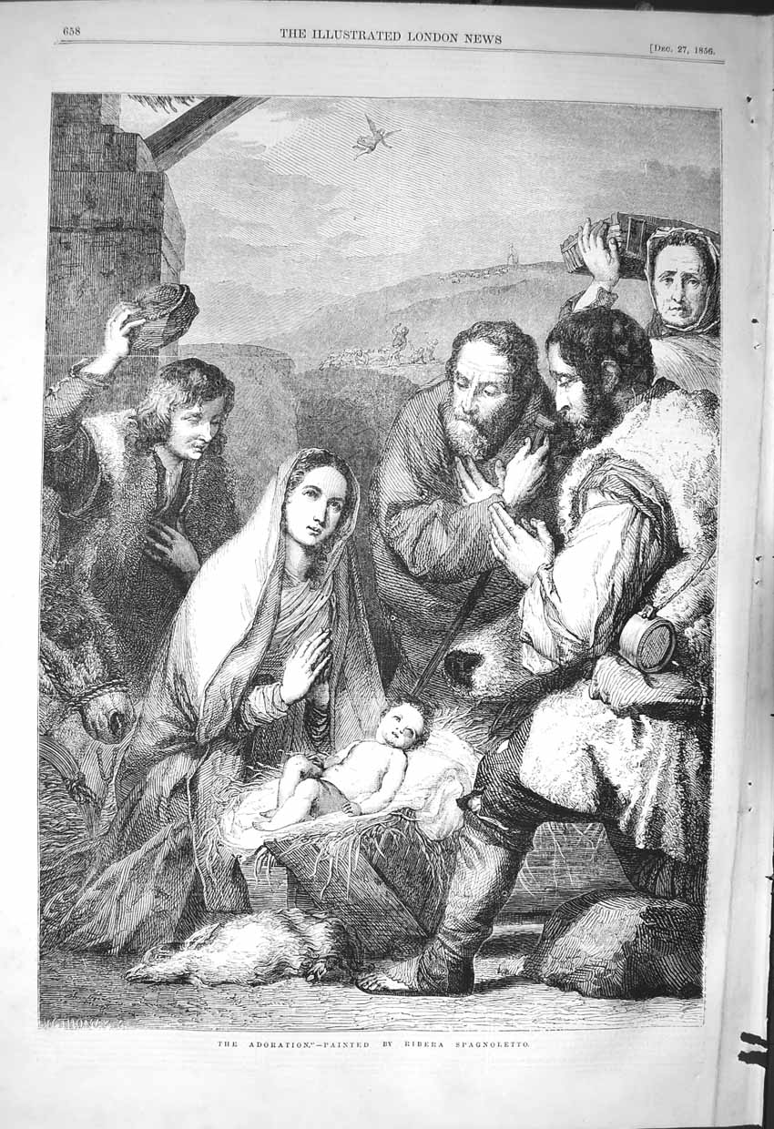 Original Old Antique Print 1856 Fine Art Adoration Holy Baby Jesus Scene 19th