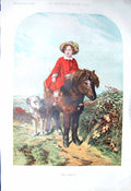 Original Old Antique Print *3219 1856 Colour Little Girl Pony Horse Dog Country