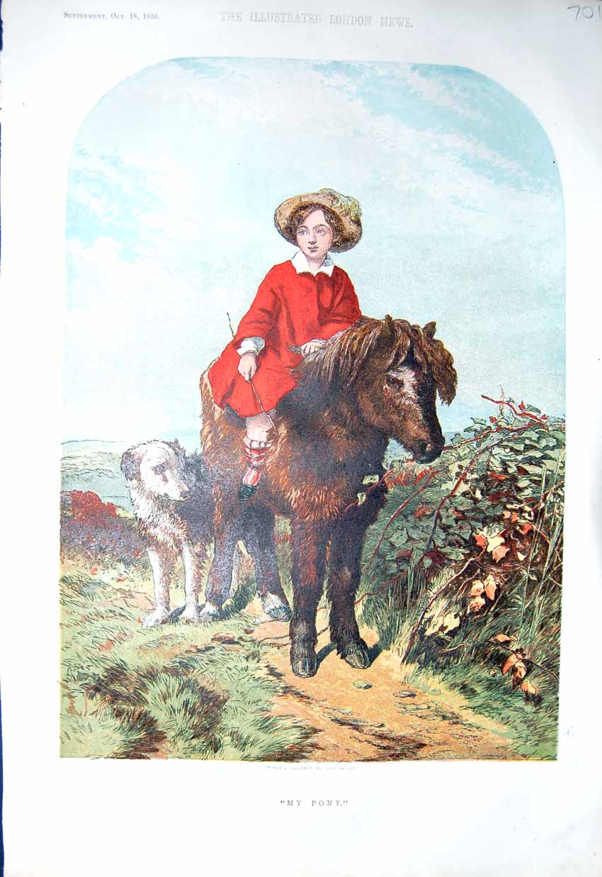 Original Old Antique Print *3219 1856 Colour Little Girl Pony Horse Dog Country