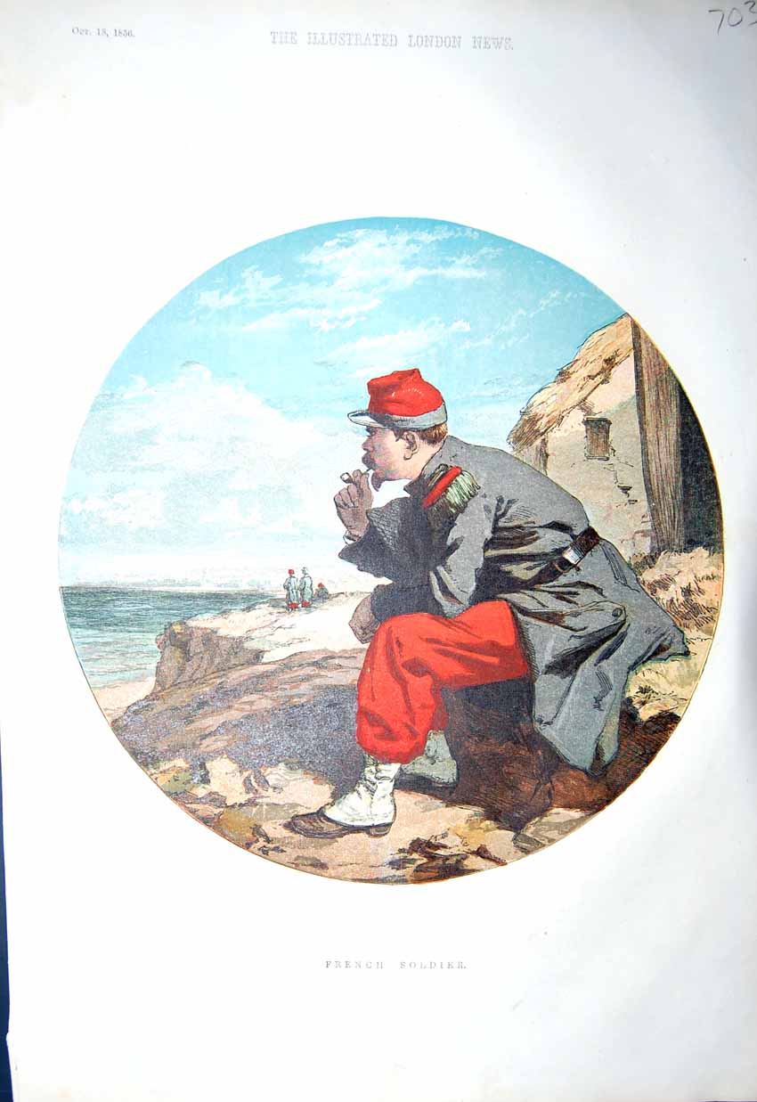 Original Old Antique Print 1856 Colour French Sier Uniform Smoking Pipe 19th