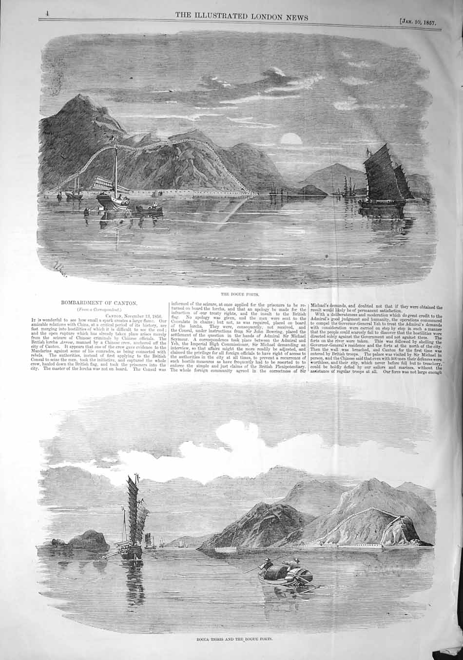 Original Old Antique Print 1857 Bombardment Canton Bogue Forts Bocca Tigri 19th