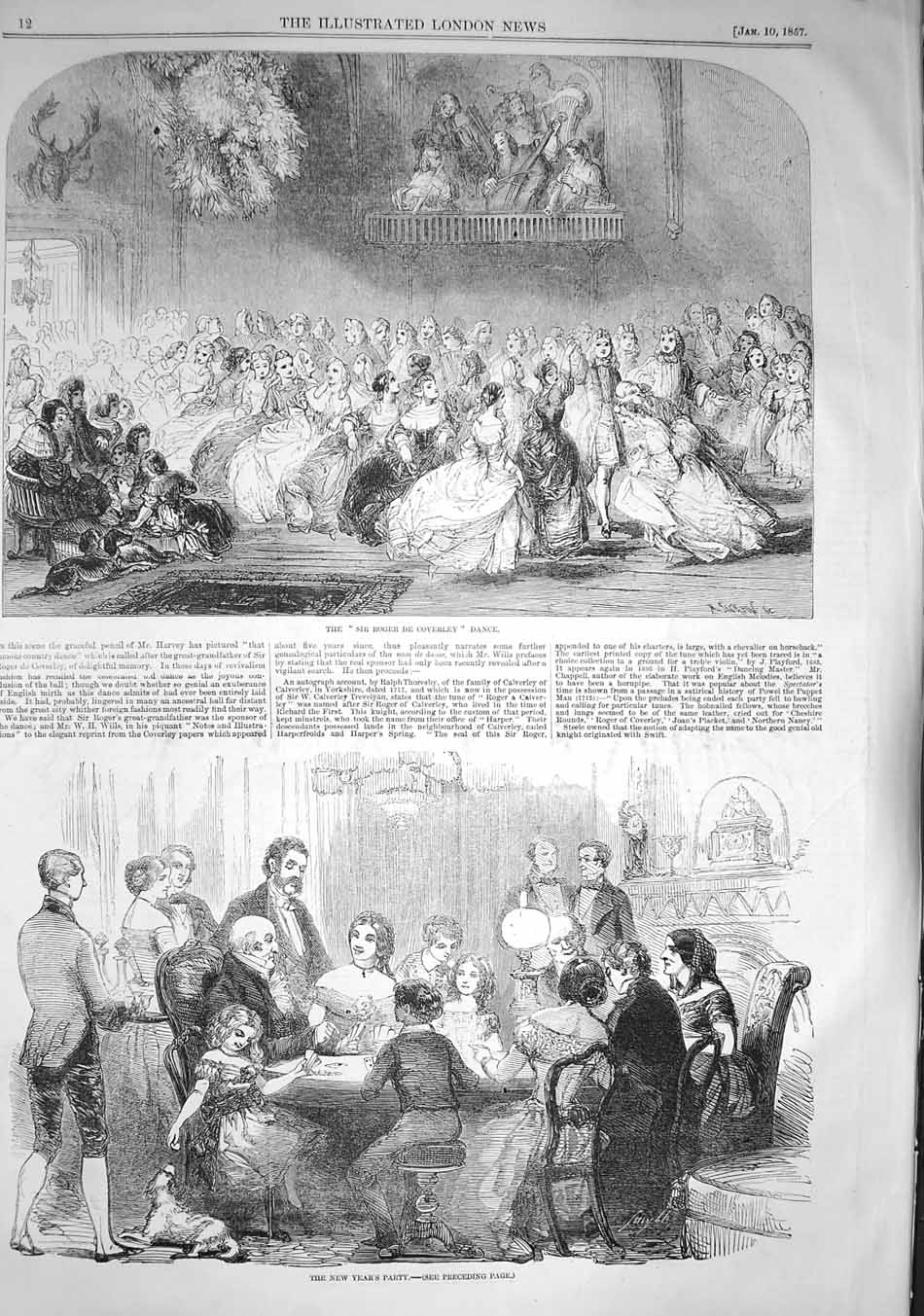 Old Antique Print 1857 Sir Roger De Coverley Dance New Years Party Scene 19th