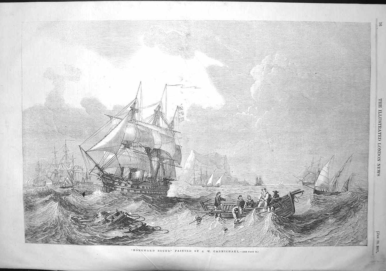 Original Old Antique Print 1857 Carmichael Fine Art Sailing War Ships Homeward