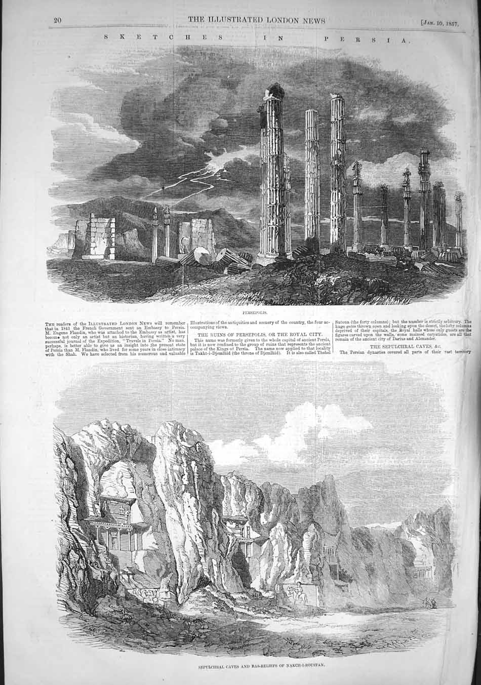 Original Old Antique Print 1857 Persia Persepolis Sepulchral Caves Teheran 19th