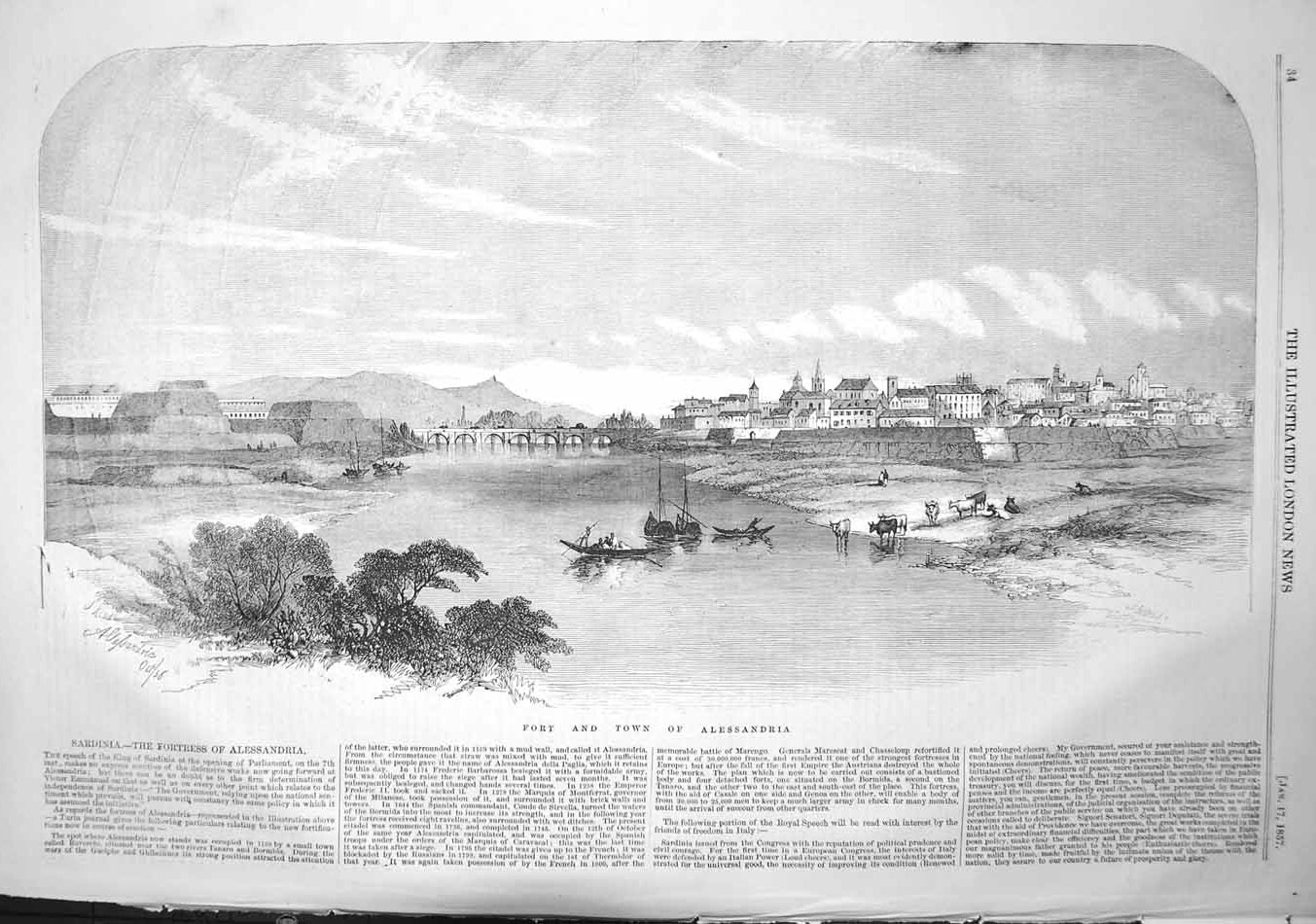 Old Antique Print 1857 View Fort Town Alessandria Sardinia Bridge Boats 19th