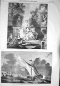 Original Old Antique Print 1857 Scene Fete Champetre Watteau Sailing Boats Ship