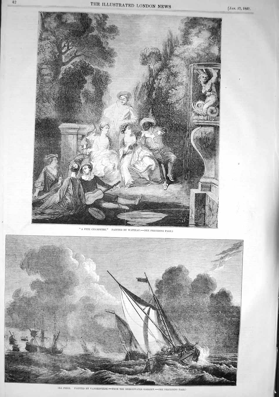 Original Old Antique Print 1857 Scene Fete Champetre Watteau Sailing Boats Ship