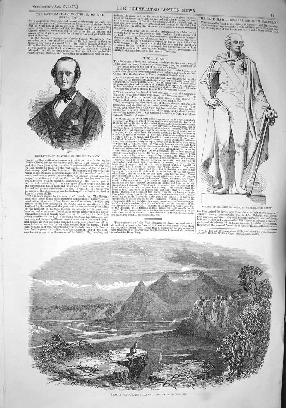 Old Antique Print 1857 Montriou Statue John Malcolm Punjaub Ravee Shapore 19th