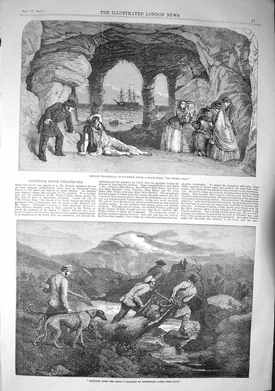 Original Old Antique Print 1857 Deer Hunting Theatricals Tavistock Hou Victorian