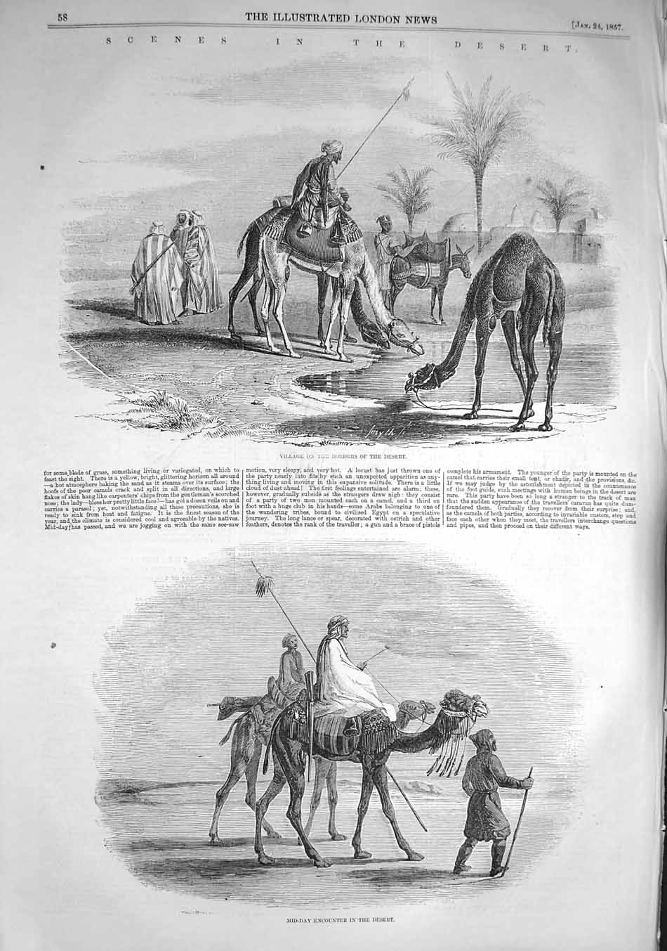 Original Old Antique Print 1857 Scene Desert Camels Village Oasis Travellers