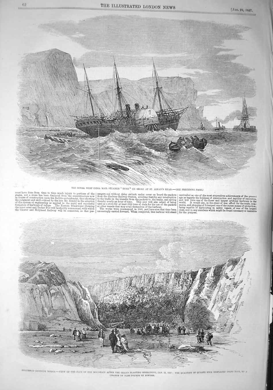 Original Old Antique Print 1857 Holyhead Harbour Works Quartz Mail Steamer Tyne