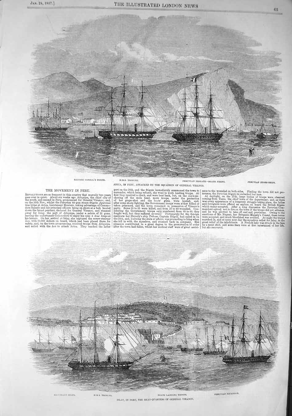 Old Antique Print 1857 Arica Peru General Viranco Ships Tribune Islay War 19th