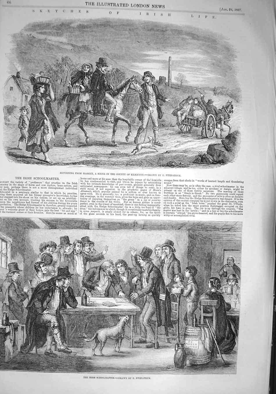 Original Old Antique Print 1857 Life Ireland Market Kilkenny Irish Schoolmaster
