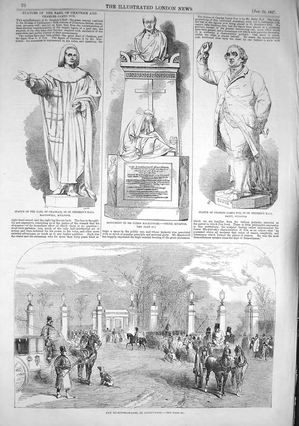 Original Old Antique Print 1857 Statue Earl Chatham Charles Fox Buckingham-Gate