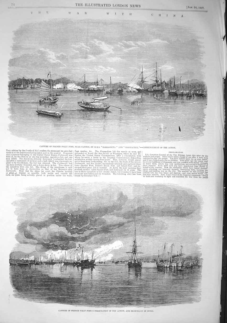 Original Old Antique Print 1857 War China French Folly Fort Canton Ship Bar 19th