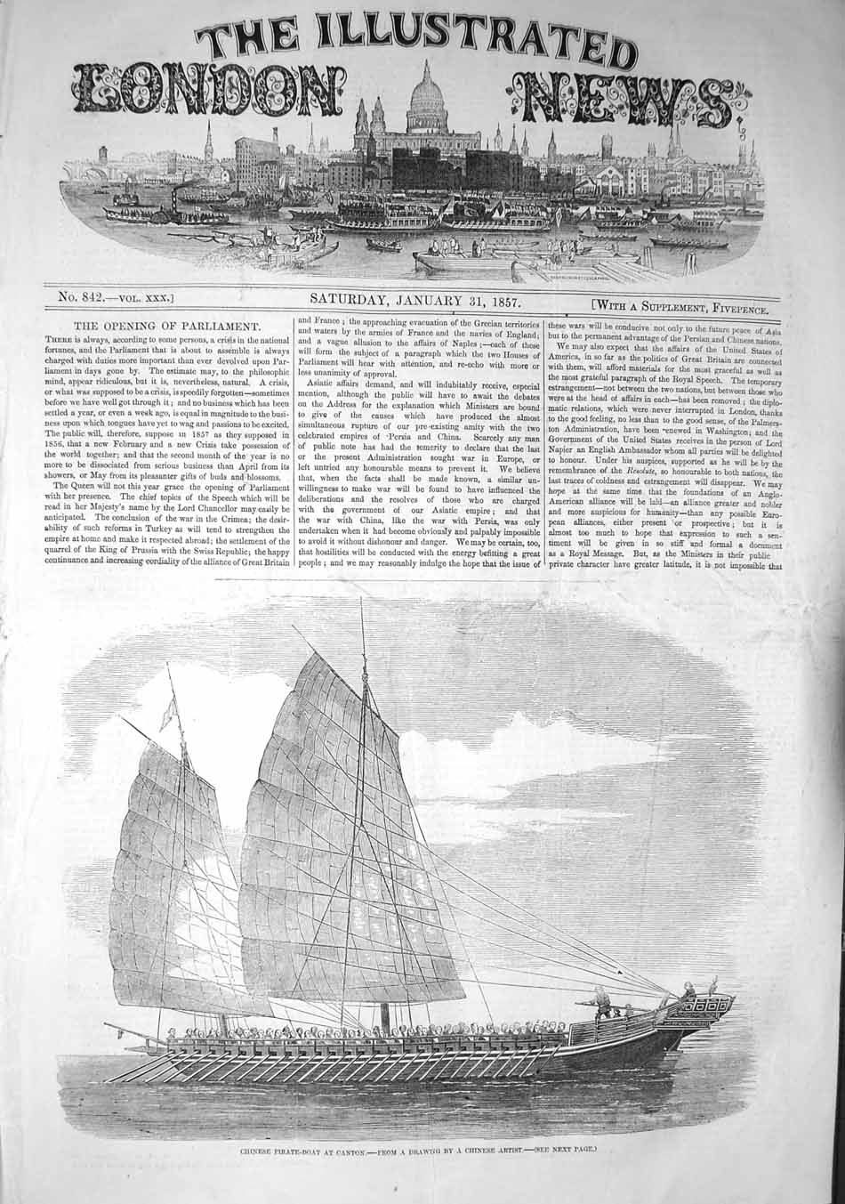 Original Old Antique Print 1857 Chinese Pirate Boat Canton Saili 19th