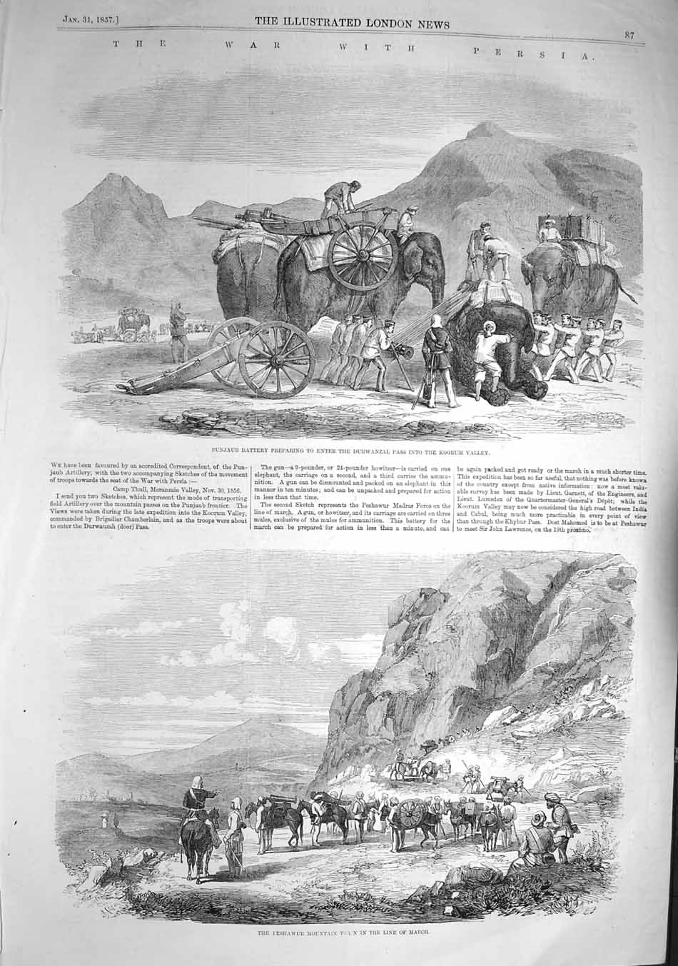 Old Antique Print 1857 War Persia Punjaub Battery Koorum Valley Peshawur 19th