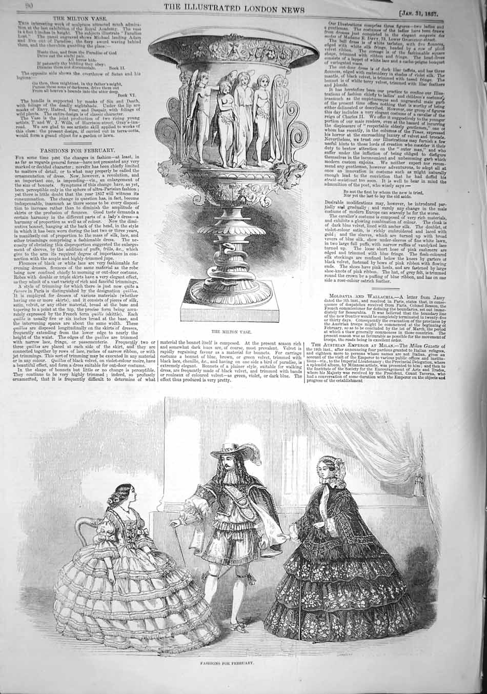 Original Old Antique Print 1857 Milton Vase Paris Fashion Ball Gowns Dresses