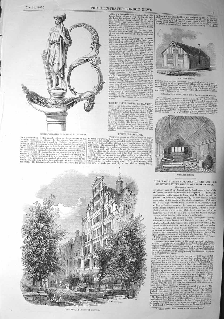 Original Old Antique Print 1857 English House Portable School Sword La Marmora